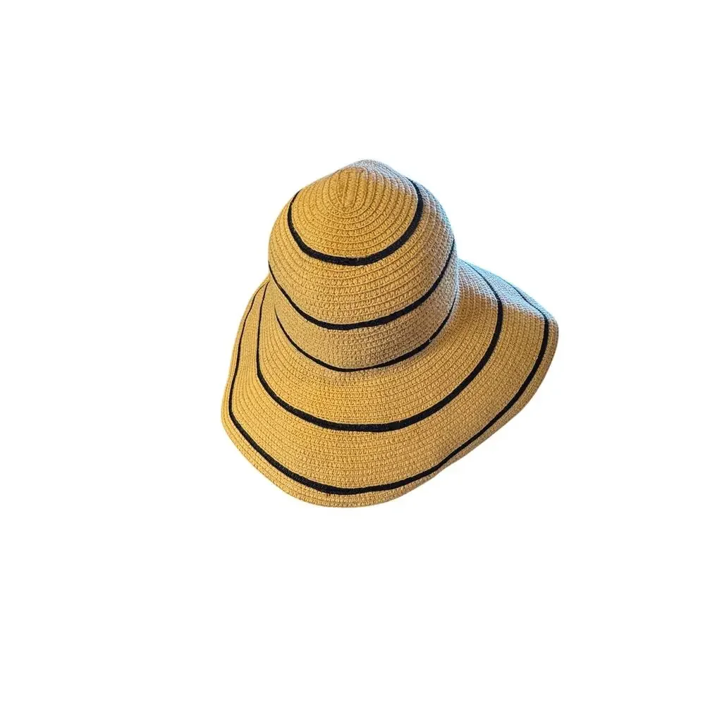 Wallaroo Wide Brim Sun Hat Straw Paper Braid Black Stripe Packable Beach Hat
